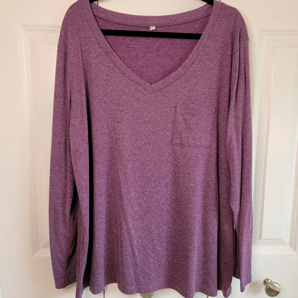 Long Sleeve Deep V Neck Pocket Tee